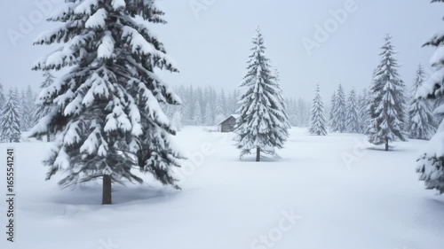 Wallpaper Mural Snow-laden evergreens stand in a vast, snowy field under a muted sky; a prominent tree in the foreground, others recede into the hazy distance Torontodigital.ca
