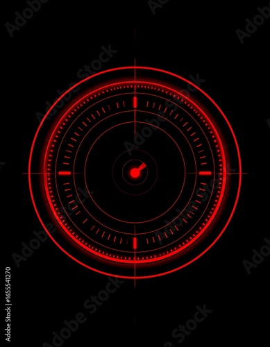 Red illuminated circular clock face on black background, featuring a minimalist design and subtle crosshairs