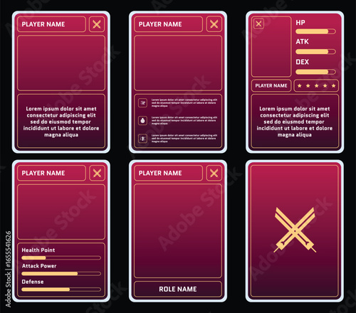 Editable Fantasy RPG Game Card Templates with gradient red color for Player Profile, Character Stats, and Role Information UI Design for Trading Card and Board Games