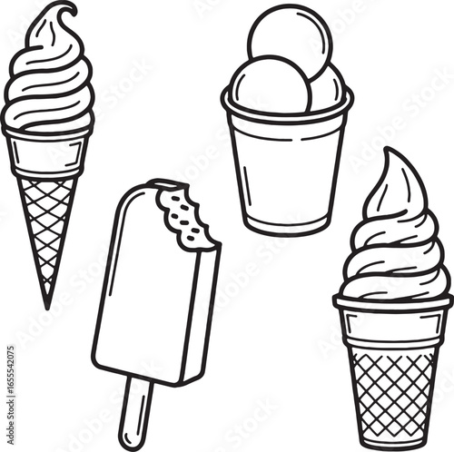 Black and White Line Art Illustrations of Ice Cream Treats cone waffle cone