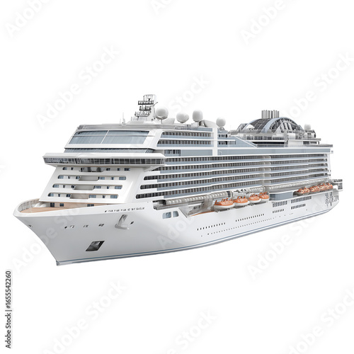 Majestic cruise ship with multiple decks and lifeboats angled view.