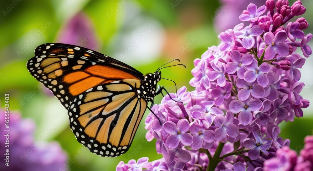 Obraz premium Monarch Butterfly on Lilac Flower in Spring Garden