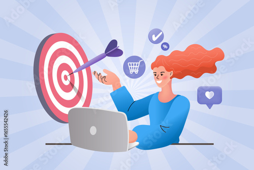 E-commerce and digital marketing goal concept. A woman with a laptop hits a sales target, symbolizing a successful online promotion and sales strategy.