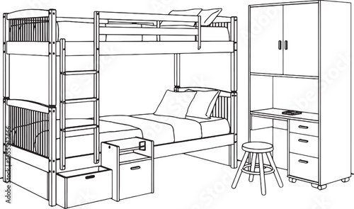 Bunk Bed With Desk Wardrobe And Stool Line Drawing Keywords: bunk bed, furniture, interior, room, bedroom, children