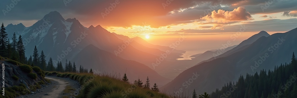 Obraz premium Mountain vista at sunset with a winding path.