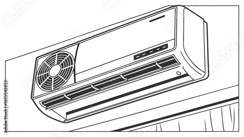 Illustration of a wall mounted air conditioner unit with a fan and adjustable vents shown in detail