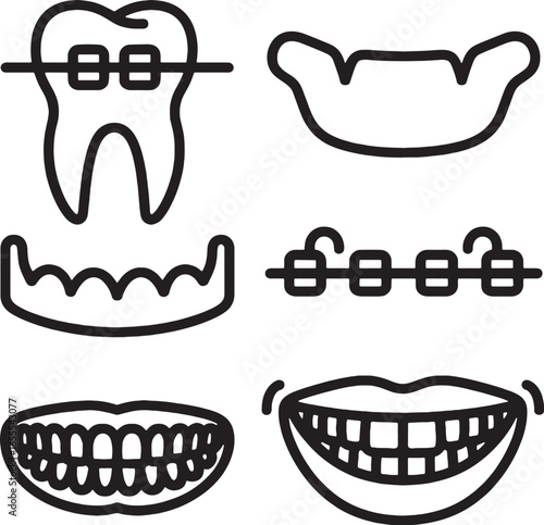 Dental Orthodontic Equipment and Mouth Illustrations Line Art orthodontics braces