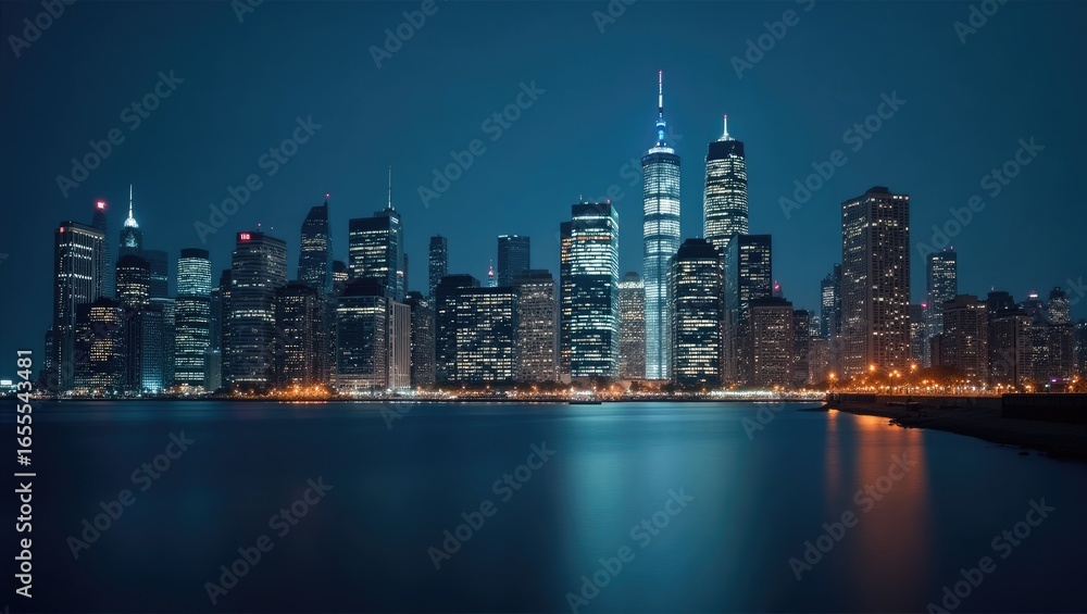 Fototapeta premium Metropolis skyline at night, reflecting in the water.