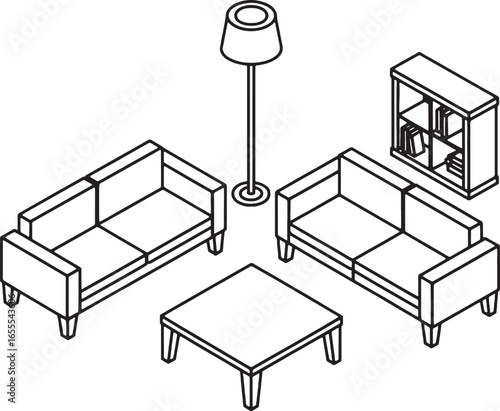 Line Drawing of Living Room Furniture with Sofas, Lamp, Coffee Table, and Bookcase