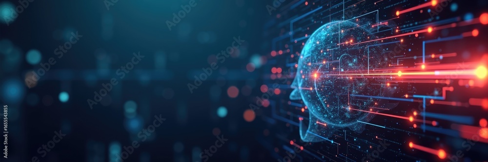 Obraz premium Digital representation of a human head with glowing network connections.