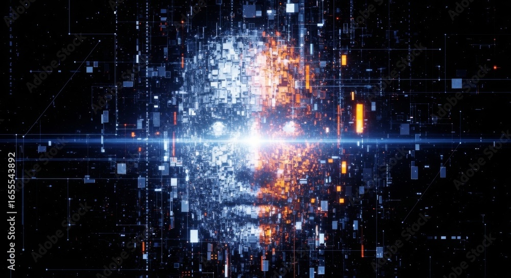 Obraz premium Digital formed from glowing data blocks on black background