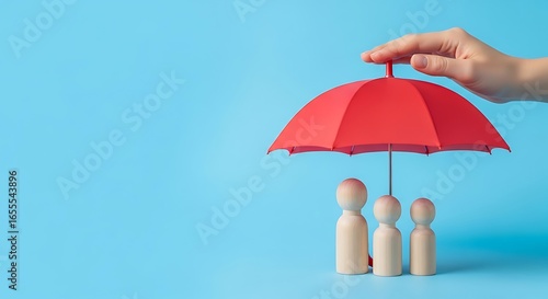 Hand holding red umbrella protecting wooden family figures on blue background