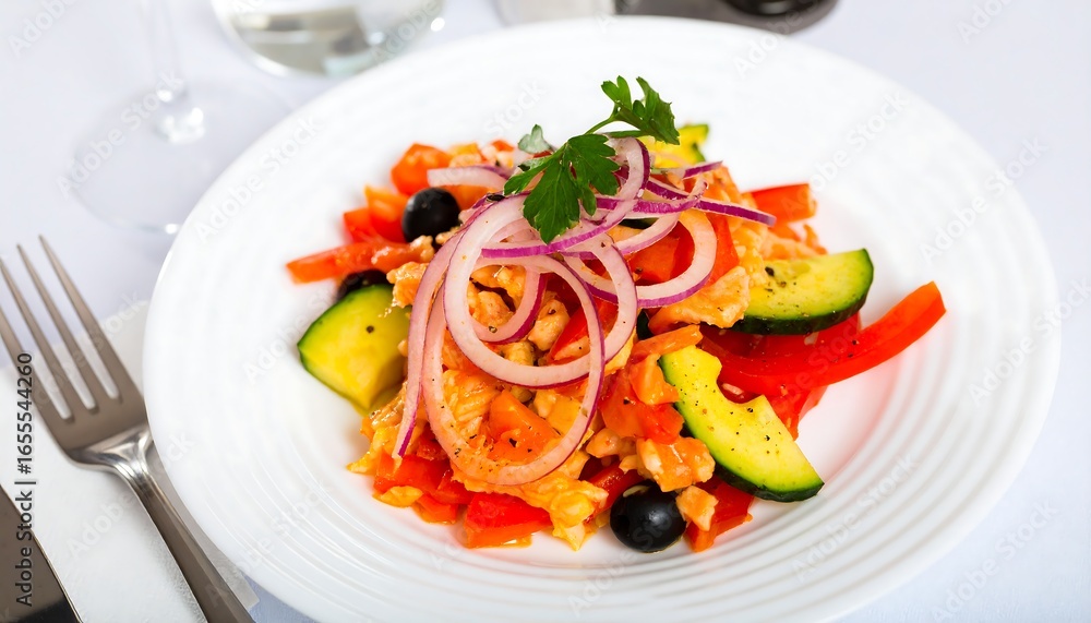 Salmon and Vegetable Dish, Restaurant Setting Salmon and Vegetable Dish, Restaurant Setting