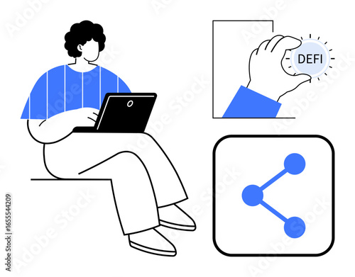 Person working on laptop, hand selecting DeFi element, and sharing icon. Ideal for blockchain, technology, DeFi, sharing economy, collaboration, fintech simple landing page