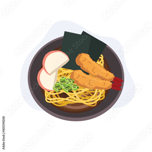 top view japanese ramen bowl with shrimp tempura fish cake and seaweed illustration