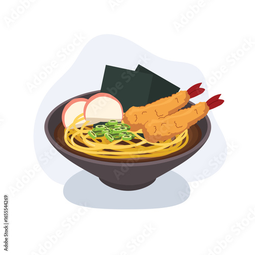 japanese food ramen bowl with tempura shrimp udon noodles fish cake seaweed and green onion