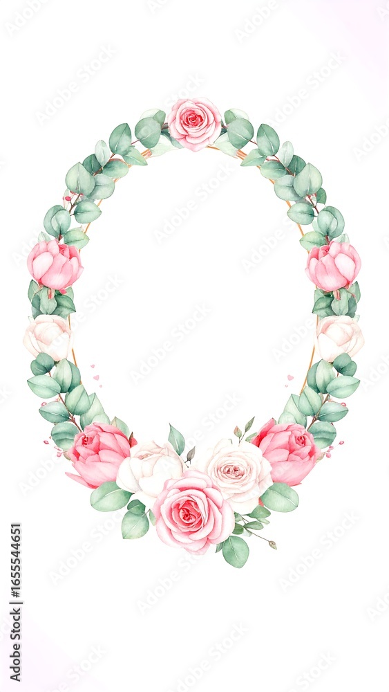 Obraz premium Oval floral frame with pink and white roses and eucalyptus leaves