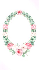 Oval floral frame with pink and white roses and eucalyptus leaves