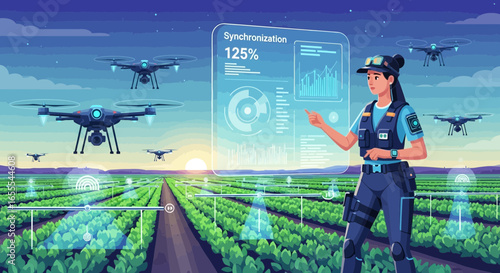 Precision Agriculture: Woman Supervising Drone Monitoring of Crop Fields