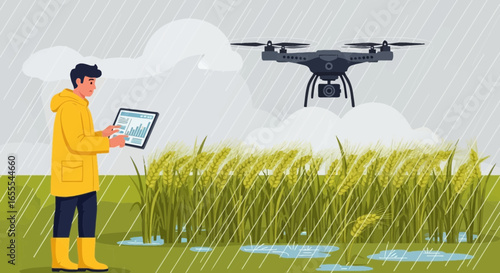 Precision Agriculture: A farmer monitors crop health using a drone and tablet during rainfall