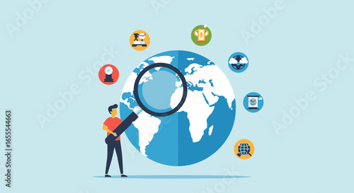 Global Research and Exploration Concept with Magnifying Glass and Icons