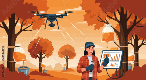 Modern maple syrup production with drone monitoring and data analysis illustration