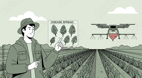 Precision Agriculture: Farmer utilizing drone technology for crop health management and disease spread control