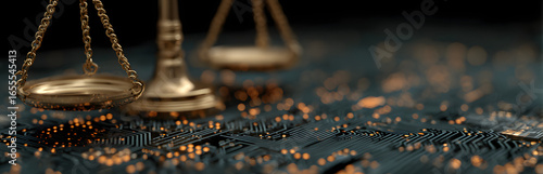 Digital scales of justice concept with circuit board elements. Legal technology, AI in law, modern regulatory systems. Highlights fairness, equity, transparency in computerized judicial processes.