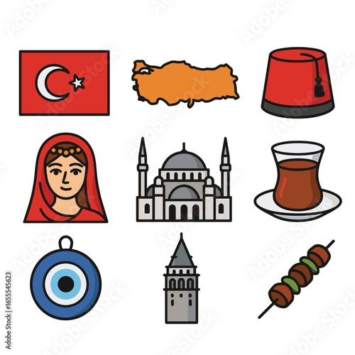 Flat Vector Icons Representing Turkish Culture, Traditions, Food, and Landmarks