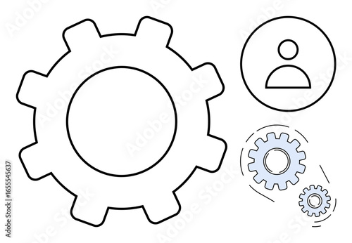 Large gear, smaller gears, and user icon representing teamwork, process, system, and user integration. Ideal for technology, collaboration, workflow innovation management engineering and simple