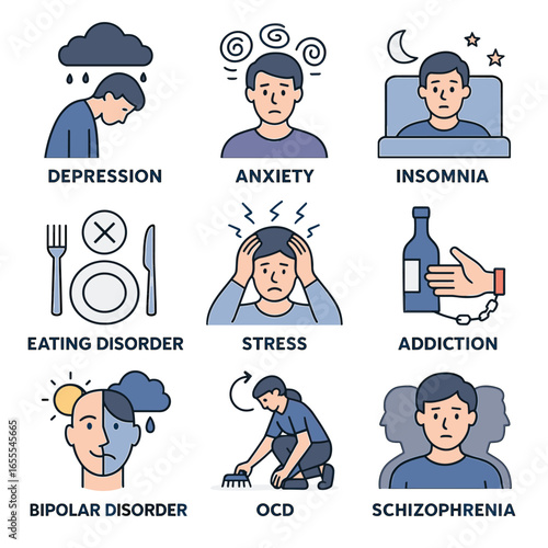 Mental Health Disorders Icons Illustrating Stress, Anxiety, Depression, and More