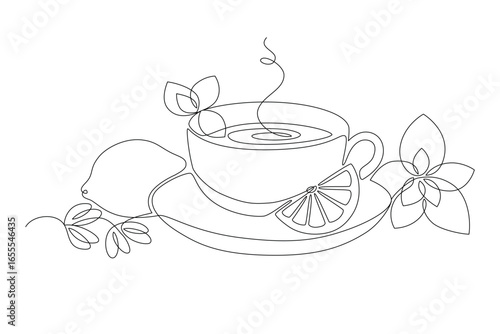 Mint herbal tea cup with mint leaves and lemon, drawn in continuous line in minimalist style, abstract, hot invigorating drink, one line, editable vector contour