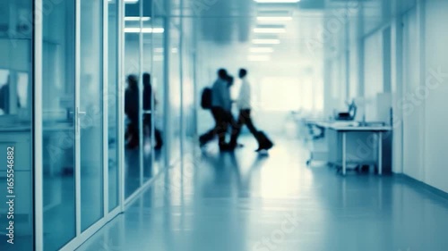 Blurred view of a modern, light-blue office hallway with glass partitions and a person walking