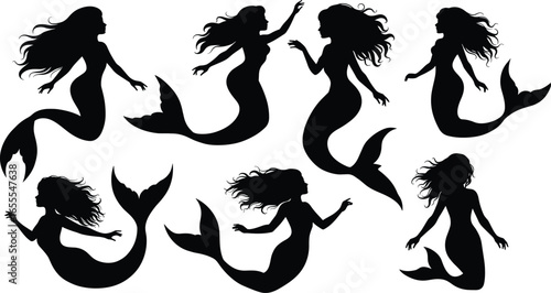 Silhouette of Beautiful Mermaids Swimming Underwater, Fantasy Ocean Creatures, Mysterious Sea Maidens, Mythical Marine Girls, Vector Illustration Set