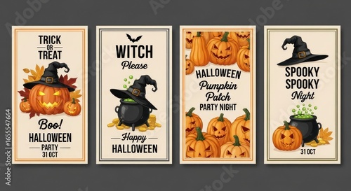Halloween vector posters with pumpkins, witch cauldron, and spooky messages for party invitations and seasonal designs