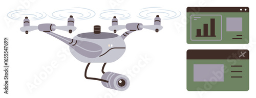 Drone with camera capturing video, accompanied by two data analytics dashboard screens displaying charts and interface elements. Ideal for technology, security, innovation, statistics, monitoring