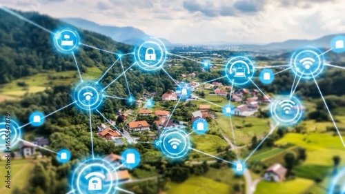 Aerial view of a village with overlaid network connections