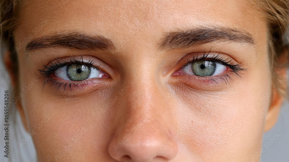 Fototapeta premium Swollen eyelids with bags and fatigue concept. Close-up portrait showcasing striking green eyes and natural beauty.