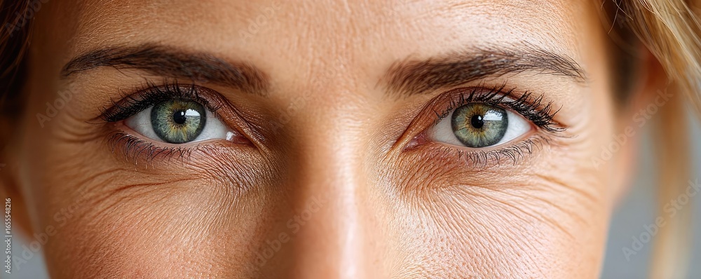 Naklejka premium Swollen eyelids with bags and fatigue concept. Close-up of a woman's eyes showcasing beauty and emotion.