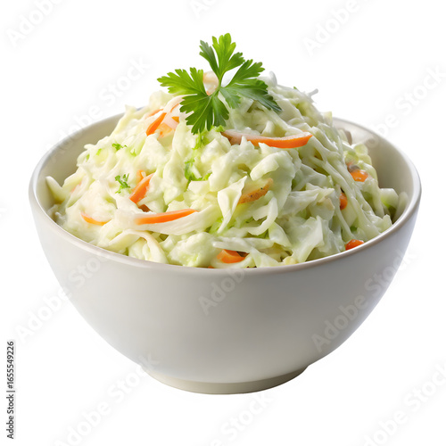 Bowl of coleslaw salad with carrots and parsley isolated on transparent background