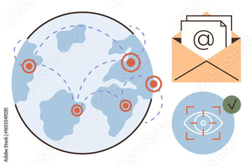 Globe with connection points, envelope with email icon, and eye verification graphics. Ideal for digital communication, global outreach, networking, security, email services, technology online