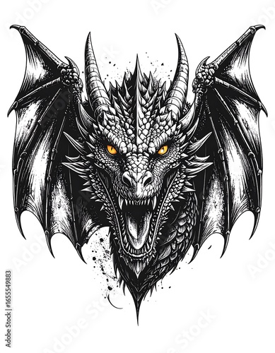 Fierce dragon head and wings