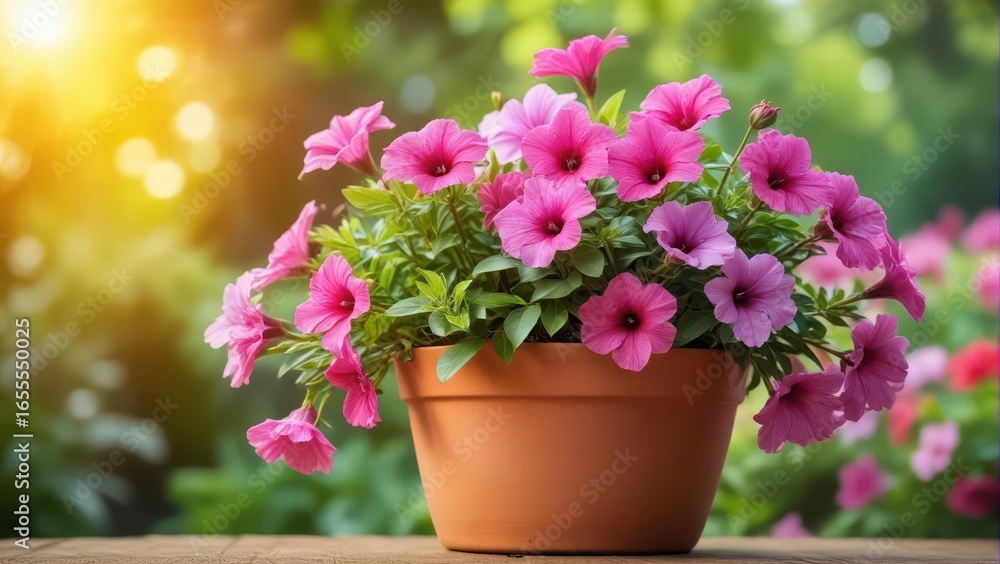 Obraz premium Petunia flowers in a pink pot
