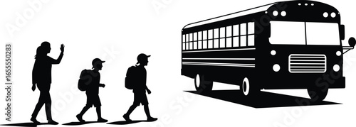 Silhouette of Children Boarding School Bus with Parent Waving Goodbye, Back to School Concept, Morning Routine, Safe Transport