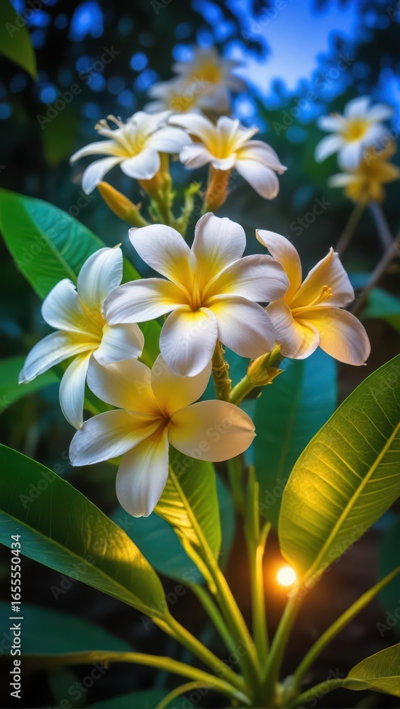 Fototapeta premium Beautifully blooming frangipani flowers emitting a sweet fragrance at night amidst lush green foliage in a tropical garden