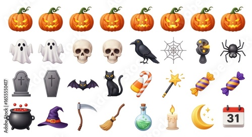 Halloween Emoji Set with Pumpkins, Ghosts, Skulls