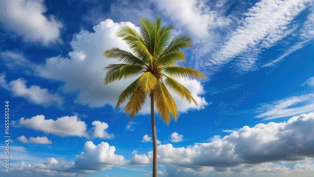 Fototapeta premium Tall coconut palm tree stands alone on a tropical island