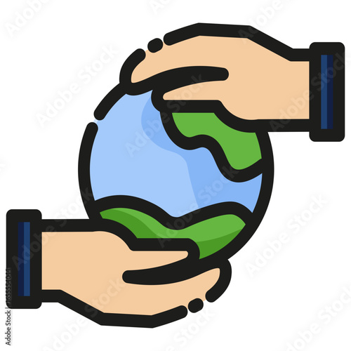 A flat, colorful icon illustration depicting a stylized earth being held by two hands. Ideal for themes related to environmental protection, global issues, and ecological awareness.