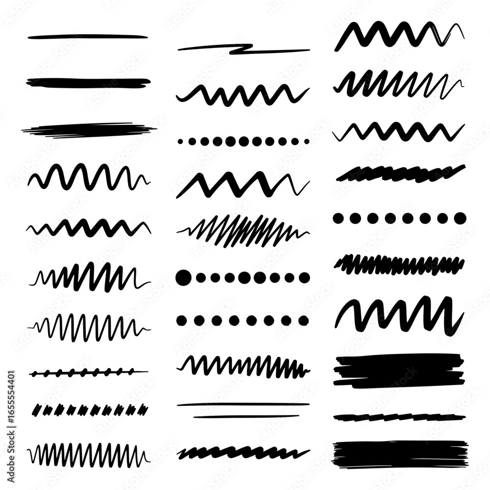 Obraz premium Hand-drawn doodle lines and underline strokes. Collection of various marker brush vector elements.