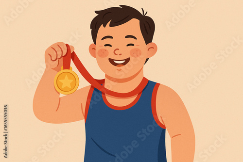Flat animated athlete with Down syndrome holding medal vector illustration